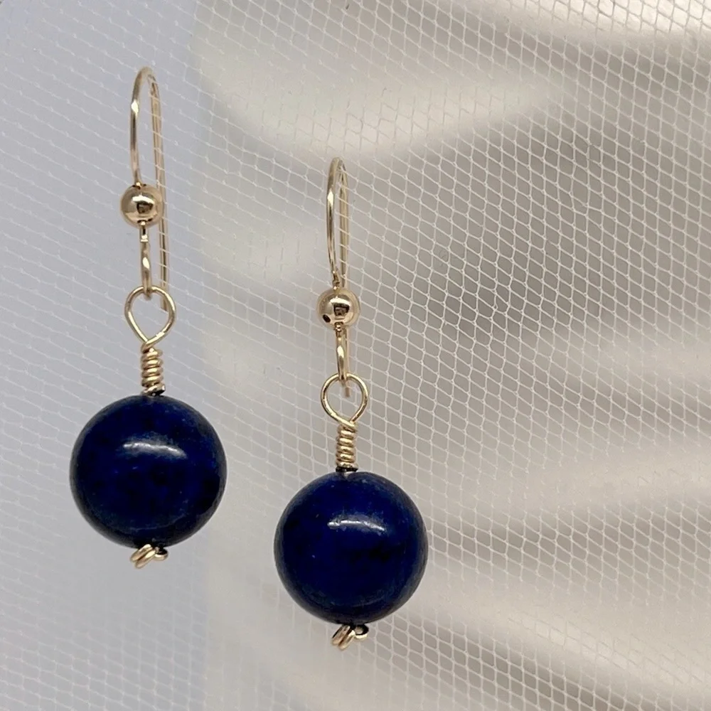 Artisan Blue Lapis Gold Wire Wrap Drop Earrings